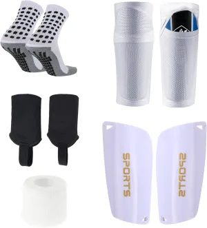 Mens Soccer Socks Set - 5pcs: Grip Socks, Shin Sleeves, Shin Guards, Ankle Protector & Sports Tape