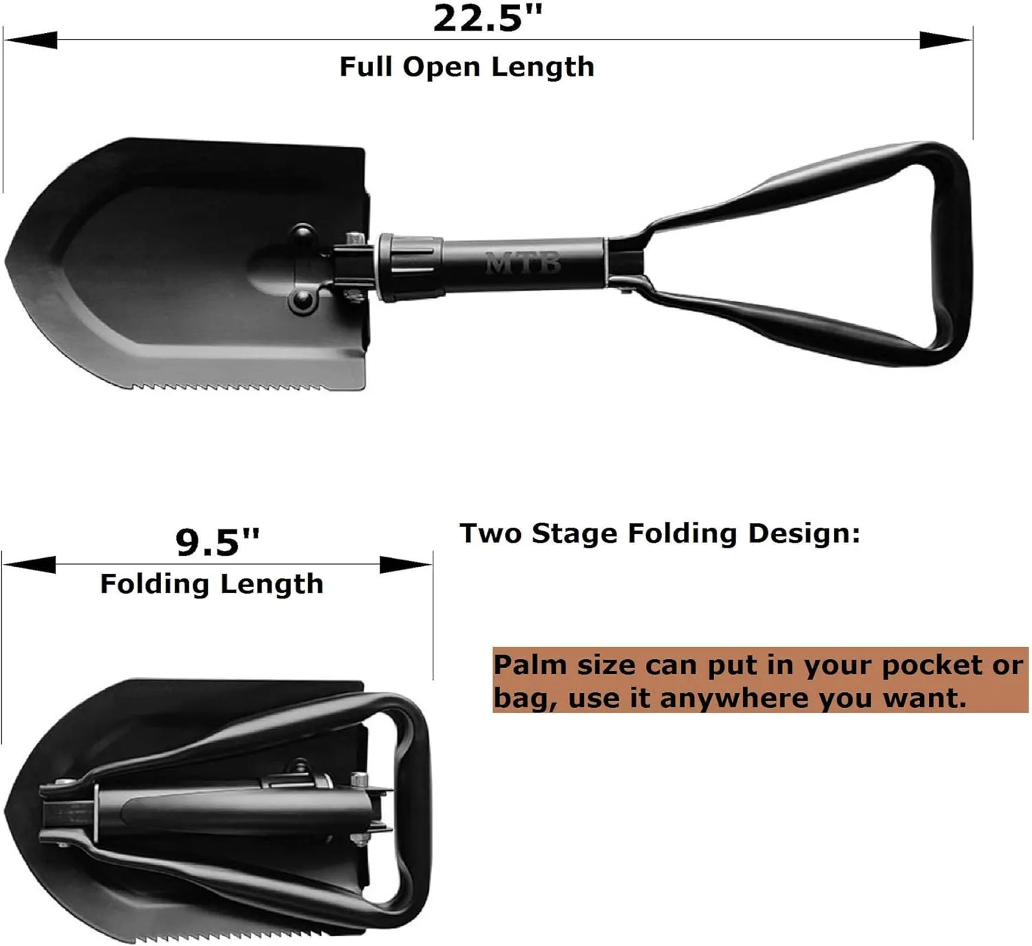 Military Folding Shovel Camping Shovel,High Carbon Steel Entrenching Tool w/Wood Saw Edge and Tactical Carry Case, 22.8 Inch, Black