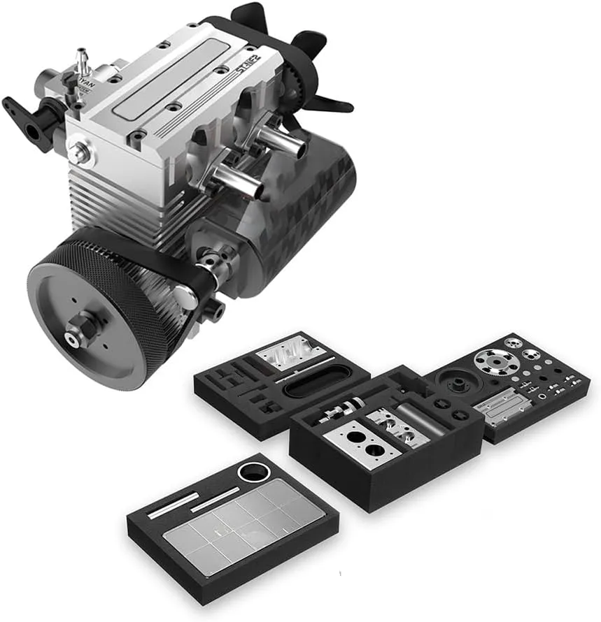 Mini Metal Engine Model, ST-NF2 7.0cc Mini Inline 2 Cylinders Four-Stroke Air-Cooled Nitro Interal Combustion Engine Model Kit, Education Toy for Adults and Teens (Silver)