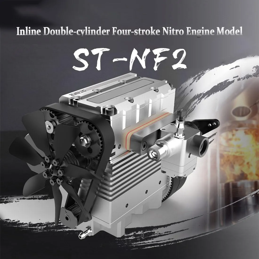 Mini Metal Engine Model, ST-NF2 7.0cc Mini Inline 2 Cylinders Four-Stroke Air-Cooled Nitro Interal Combustion Engine Model Kit, Education Toy for Adults and Teens (Silver)