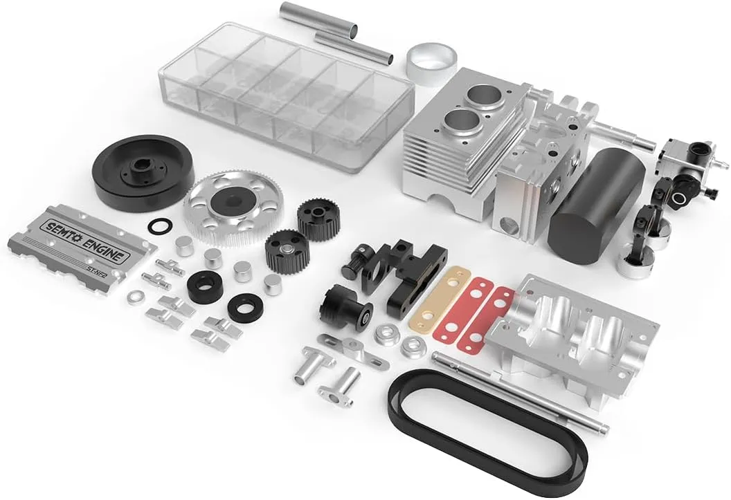 Mini Metal Engine Model, ST-NF2 7.0cc Mini Inline 2 Cylinders Four-Stroke Air-Cooled Nitro Interal Combustion Engine Model Kit, Education Toy for Adults and Teens (Silver)