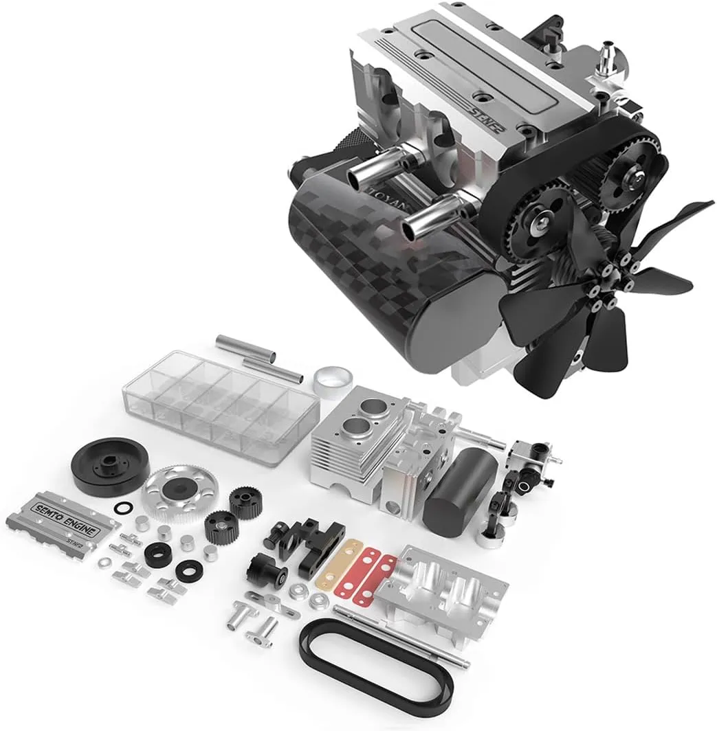 Mini Metal Engine Model, ST-NF2 7.0cc Mini Inline 2 Cylinders Four-Stroke Air-Cooled Nitro Interal Combustion Engine Model Kit, Education Toy for Adults and Teens (Silver)