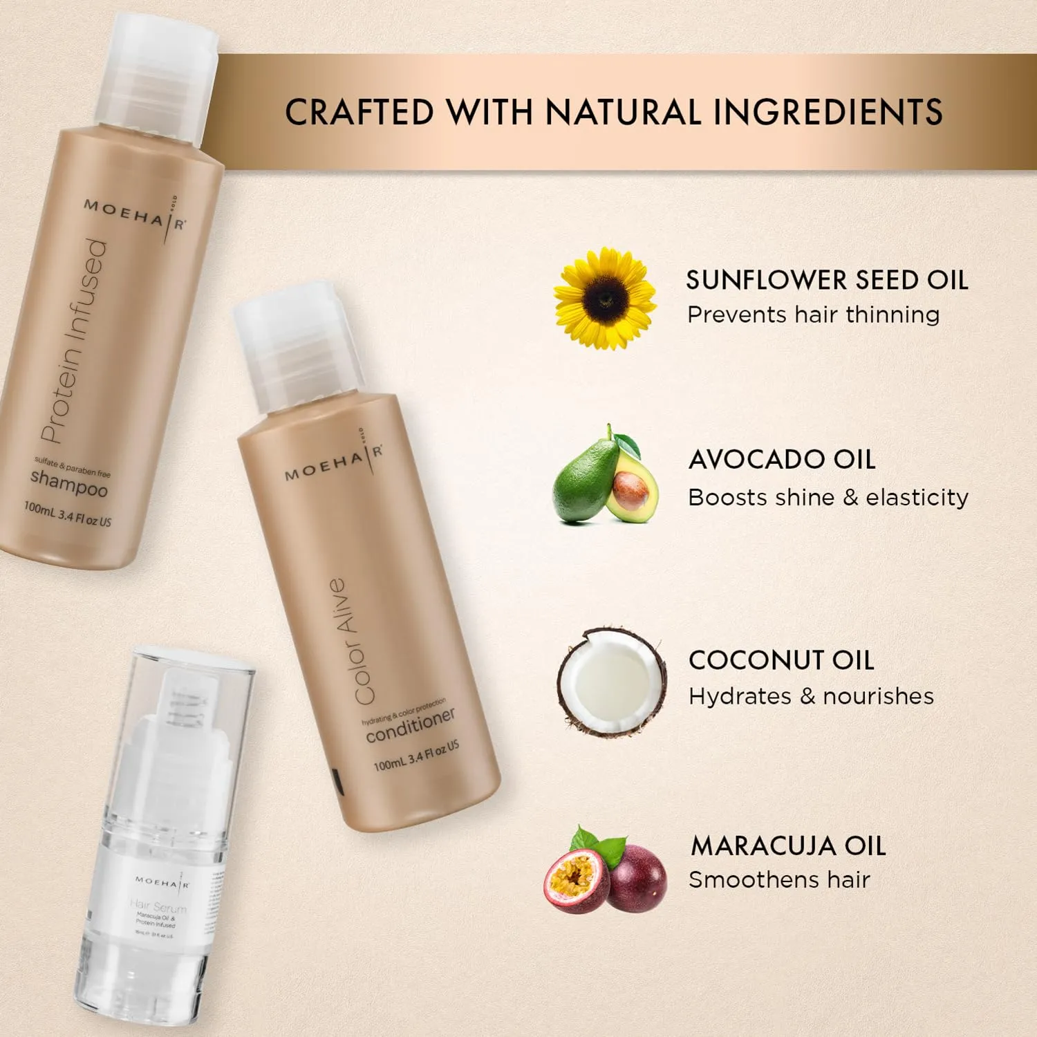 Moehair Travel Size Toiletries (Protein-Infused Shampoo, Color Alive Conditioner & Hair Serum) | Travel Set Shampoo & Conditioner Set | Strengthens & Protects Hair | Sulfate & Paraben-Free Combo