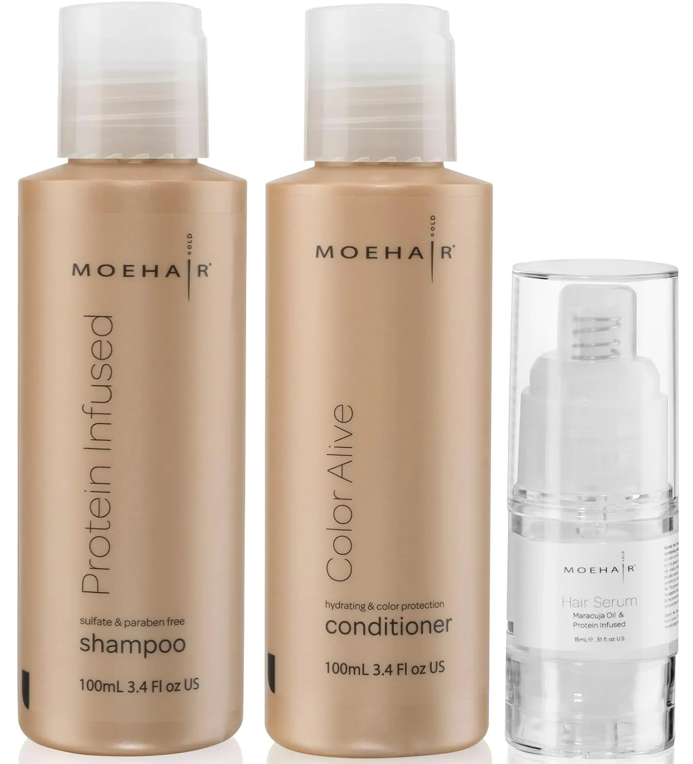 Moehair Travel Size Toiletries (Protein-Infused Shampoo, Color Alive Conditioner & Hair Serum) | Travel Set Shampoo & Conditioner Set | Strengthens & Protects Hair | Sulfate & Paraben-Free Combo