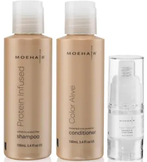 Moehair Travel Size Toiletries (Protein-Infused Shampoo, Color Alive Conditioner & Hair Serum) | Travel Set Shampoo & Conditioner Set | Strengthens & Protects Hair | Sulfate & Paraben-Free Combo