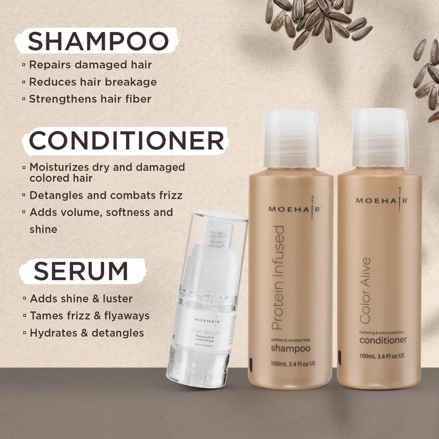 Moehair Travel Size Toiletries (Protein-Infused Shampoo, Color Alive Conditioner & Hair Serum) | Travel Set Shampoo & Conditioner Set | Strengthens & Protects Hair | Sulfate & Paraben-Free Combo