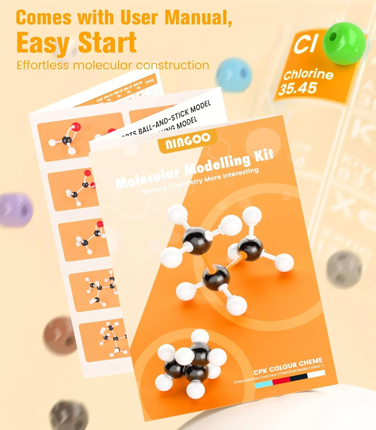Molecular Model Kit-124 PCS,Chemistry Molecular Visual Modeling Kit for Organic＆Inorganic Learning,Atomic Element Model Set for Chemistry Classes,Supply to Students ＆ Teachers