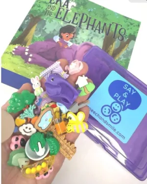 Monthly DEAL Story Kit of Month Eka and the Elephants Mini Objects Speech Therapy Say and Play Set Book with MINIS and MOVEMENT!