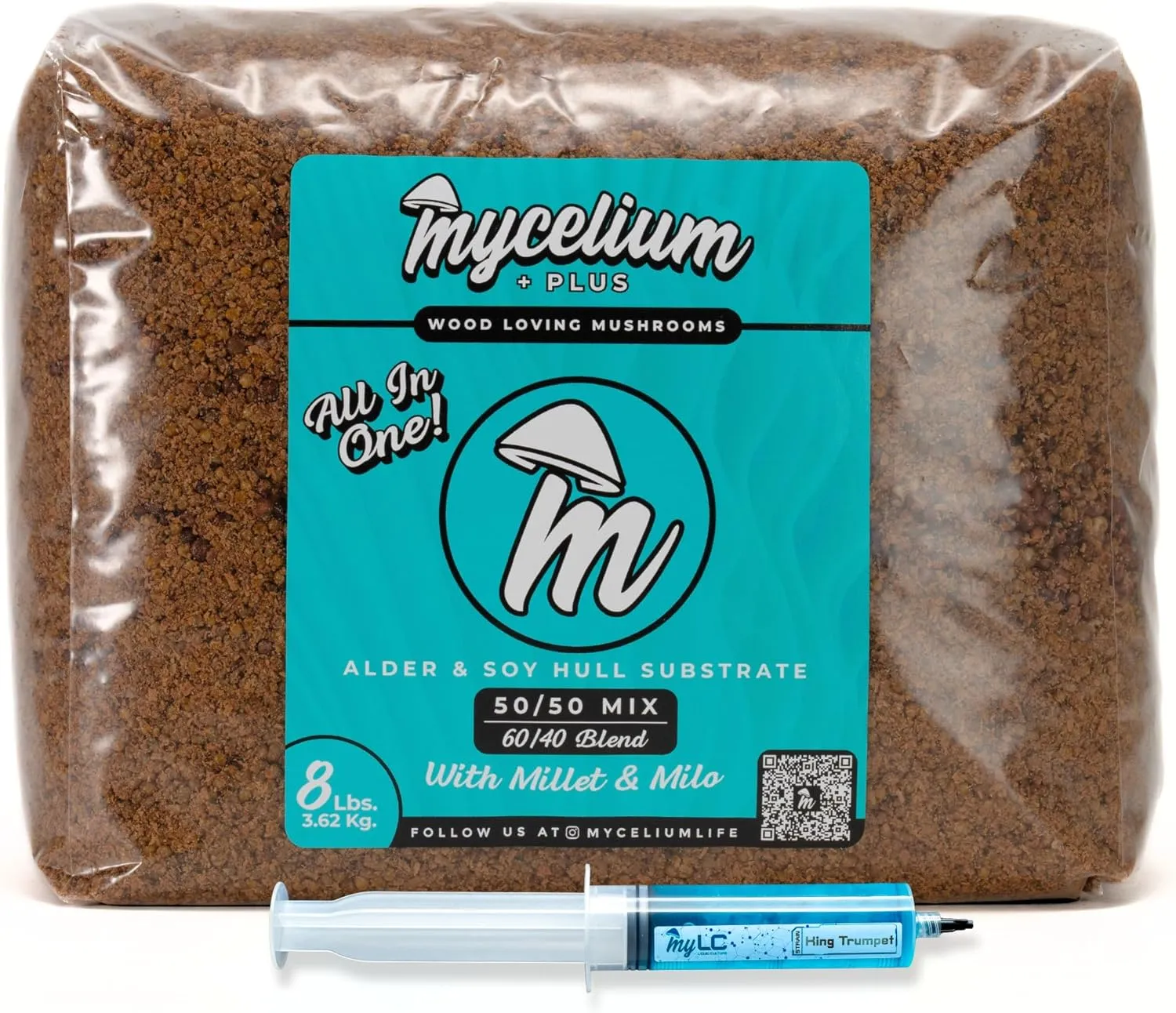 Mycelium Mushroom Growing Kit, King Trumpet Gourmet I Alder & Soy Hull Substrate I High Yield Proprietary Mix I Sterile Grow Bag with 20ml Liquid Culture Syringe for Starter & Pro Home Growers, 8lbs