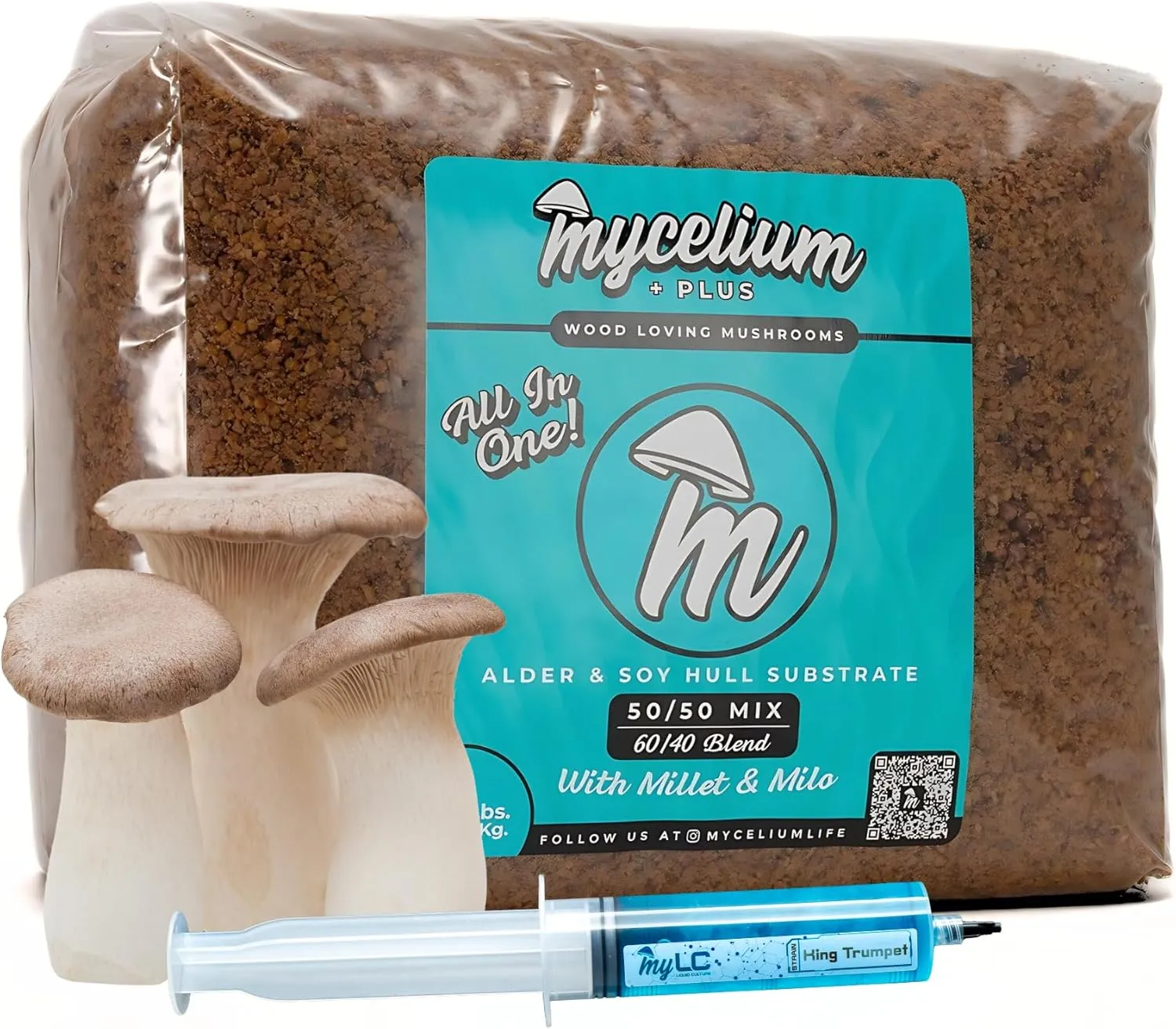 Mycelium Mushroom Growing Kit, King Trumpet Gourmet I Alder & Soy Hull Substrate I High Yield Proprietary Mix I Sterile Grow Bag with 20ml Liquid Culture Syringe for Starter & Pro Home Growers, 8lbs
