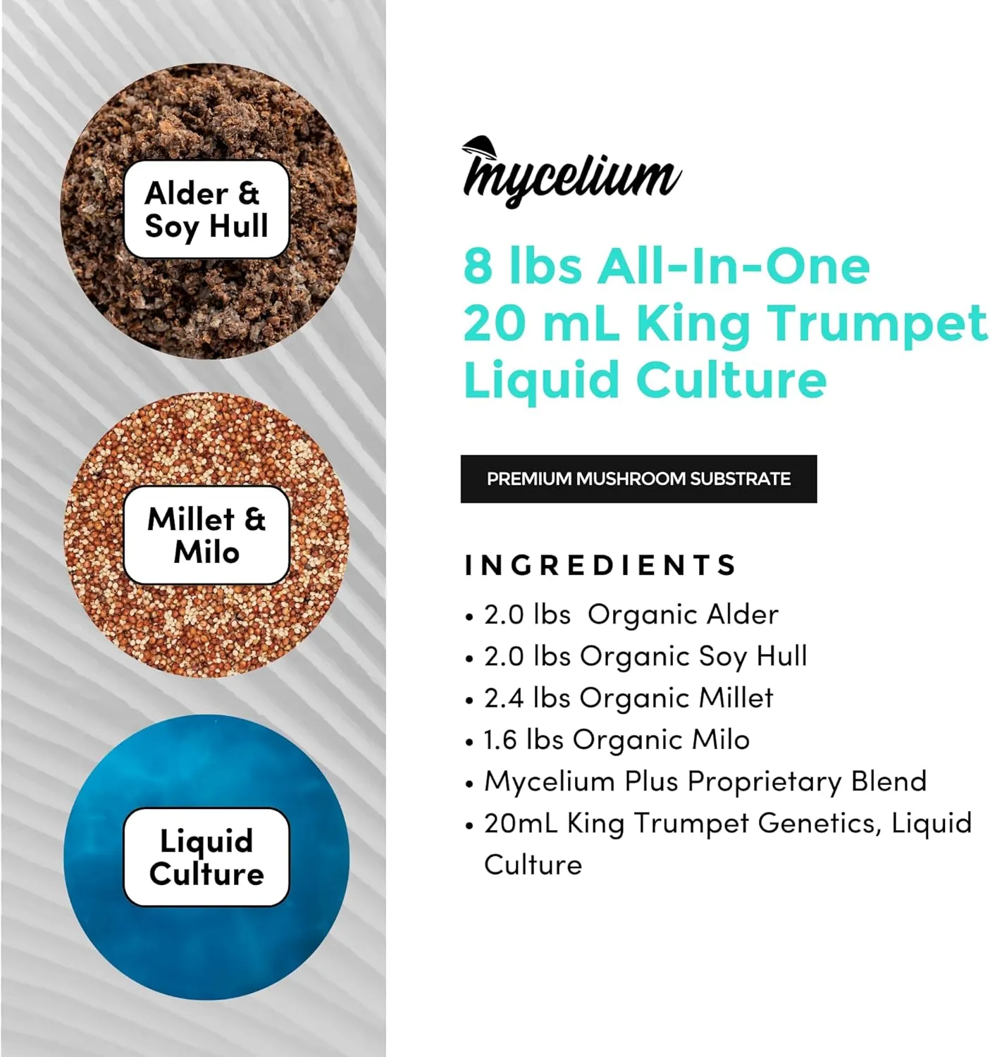 Mycelium Mushroom Growing Kit, King Trumpet Gourmet I Alder & Soy Hull Substrate I High Yield Proprietary Mix I Sterile Grow Bag with 20ml Liquid Culture Syringe for Starter & Pro Home Growers, 8lbs