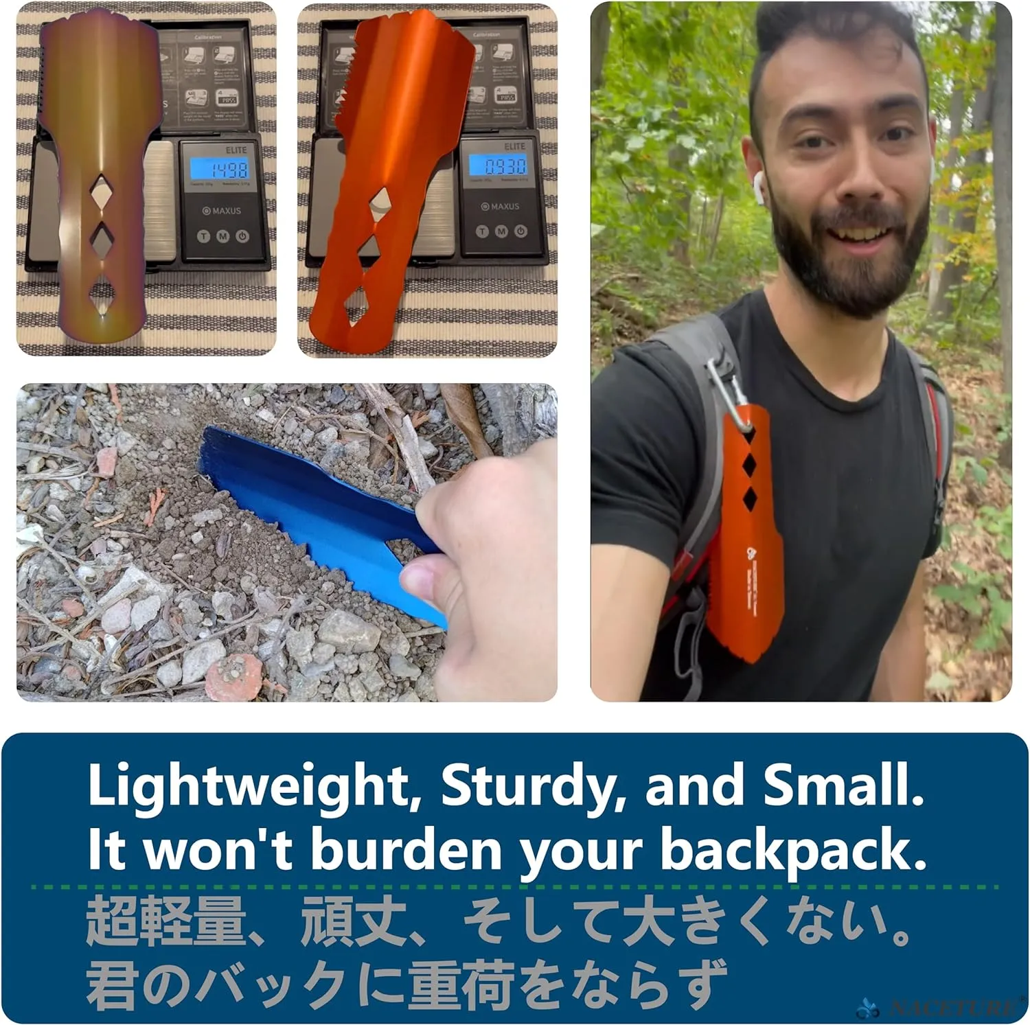 NACETURE Ultralight Backpacking Trowel Aluminum Shovel Small Potty Multitool with Longer Handle Design Essential for Hiking, Camping and Survival Bags(Black 1 Pack)