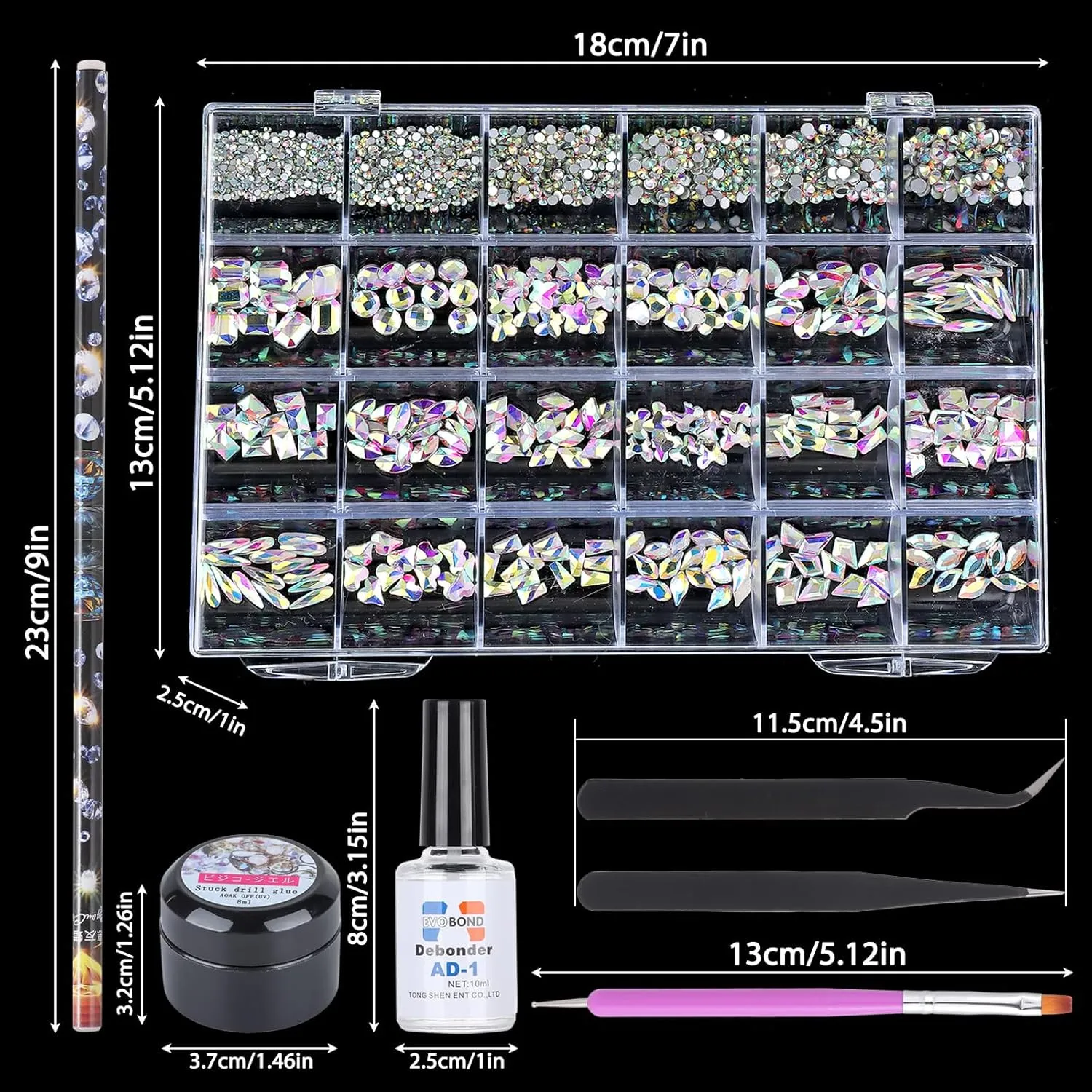 Nail Rhinestones Kit, 24 Types Special Shaped Diamonds for Nails, Flat-Bottomed 3D Crystal Stones with Gems Glue and Remover, 2pcs Tweezers, Drill Pen, Nail Brush and Crayon Drill Pen (AB Rhinestones)
