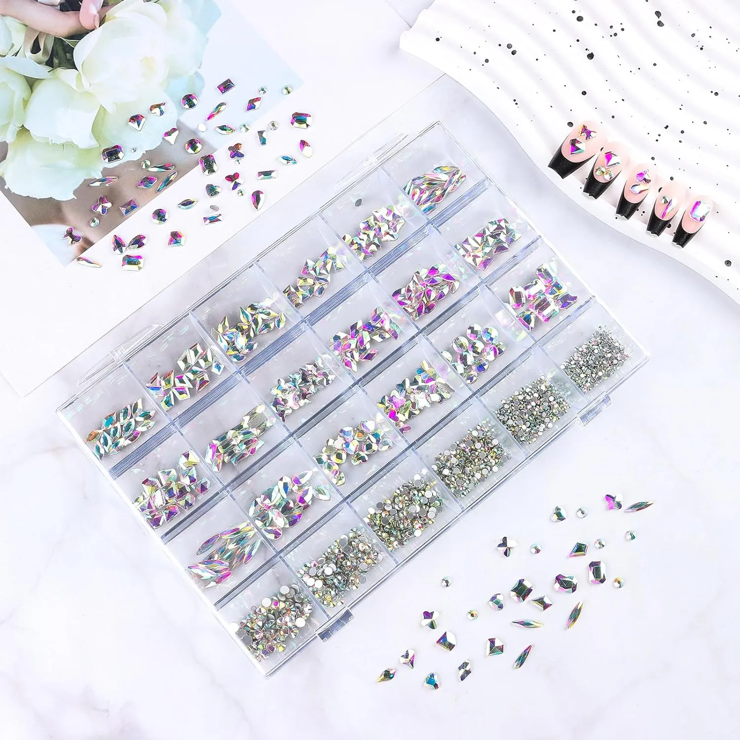 Nail Rhinestones Kit, 24 Types Special Shaped Diamonds for Nails, Flat-Bottomed 3D Crystal Stones with Gems Glue and Remover, 2pcs Tweezers, Drill Pen, Nail Brush and Crayon Drill Pen (AB Rhinestones)