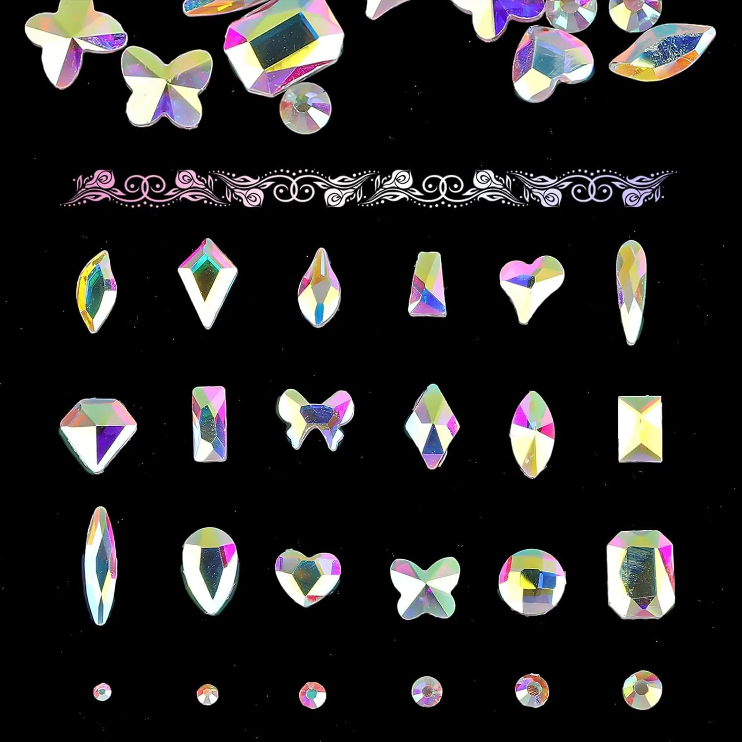 Nail Rhinestones Kit, 24 Types Special Shaped Diamonds for Nails, Flat-Bottomed 3D Crystal Stones with Gems Glue and Remover, 2pcs Tweezers, Drill Pen, Nail Brush and Crayon Drill Pen (AB Rhinestones)