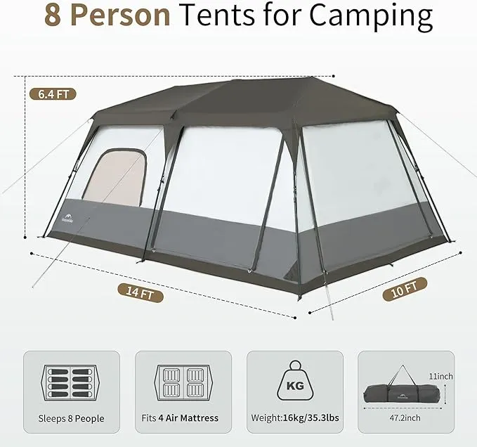 Naturehike Cape 6 Person 8 Person Camping Tent, 60S Easy Setup Instant Tent Pop up Tent, Waterproof Large Tall 6/8 Person Tents for Camping, Car Camping