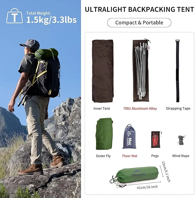 Naturehike Cloud-Up 1 Person Tent Lightweight Backpacking Tent for One Man, Waterproof Ultralight Single Person Tent, Double Layer One Person Tent for Camping Hiking Backpacking