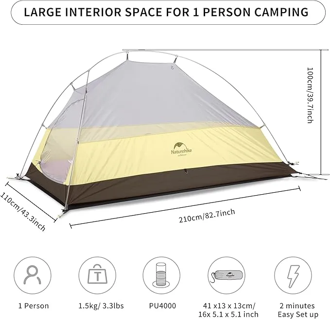 Naturehike Cloud-Up 1 Person Tent Lightweight Backpacking Tent for One Man, Waterproof Ultralight Single Person Tent, Double Layer One Person Tent for Camping Hiking Backpacking