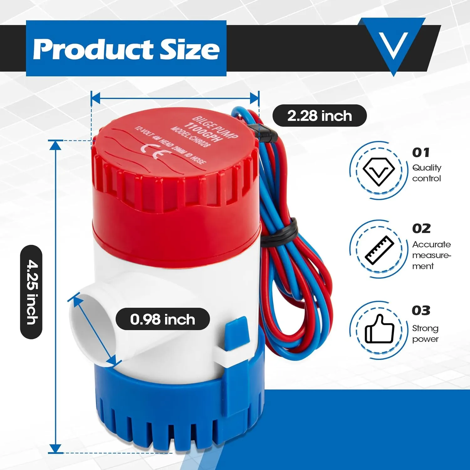Non-automatic 0.98 Inch Bilge Pump kit for Boats,12V 1100GPH Bilge Pumps with 6 ft/1.8 meters Bilge Pump Hose, 2pcs Stainless Steel Clamps and Thru Hull Fitting, for Speedboats,Yachts