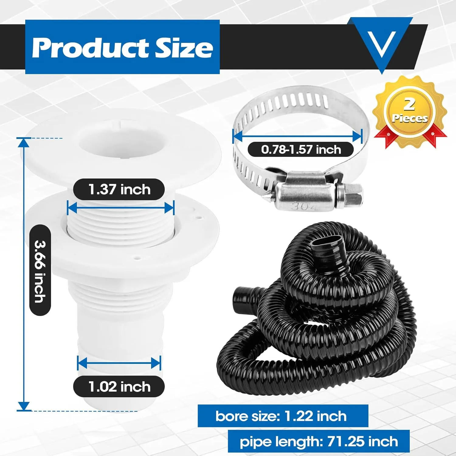 Non-automatic 0.98 Inch Bilge Pump kit for Boats,12V 1100GPH Bilge Pumps with 6 ft/1.8 meters Bilge Pump Hose, 2pcs Stainless Steel Clamps and Thru Hull Fitting, for Speedboats,Yachts