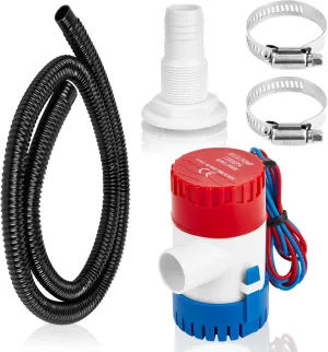 Non-automatic 0.98 Inch Bilge Pump kit for Boats,12V 1100GPH Bilge Pumps with 6 ft/1.8 meters Bilge Pump Hose, 2pcs Stainless Steel Clamps and Thru Hull Fitting, for Speedboats,Yachts