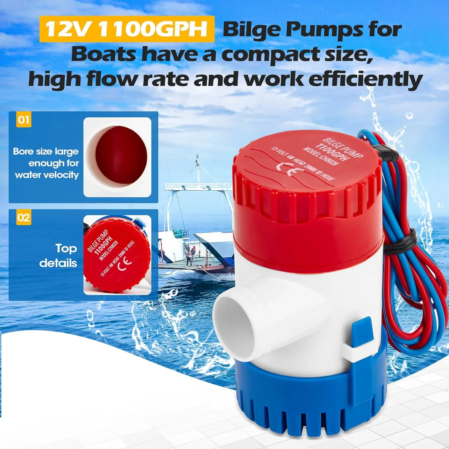 Non-automatic 0.98 Inch Bilge Pump kit for Boats,12V 1100GPH Bilge Pumps with 6 ft/1.8 meters Bilge Pump Hose, 2pcs Stainless Steel Clamps and Thru Hull Fitting, for Speedboats,Yachts