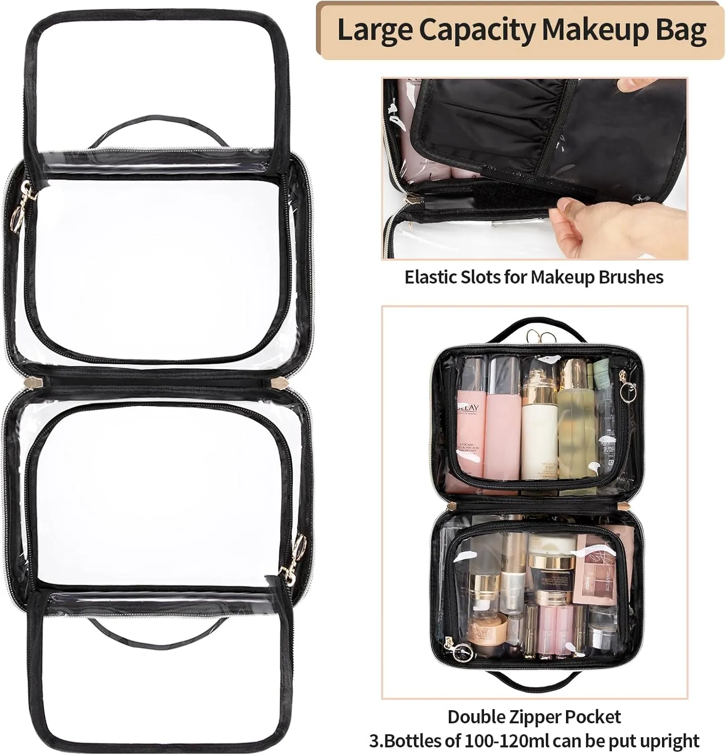 OCHEAL Makeup Bag, Double Layer Clear Make up Bag Organizer, Large Capacity Cosmetic Bag for Women Travel Beauty Essentials,Multiple Compartments Makeup Case Zipper Pouch -Clear
