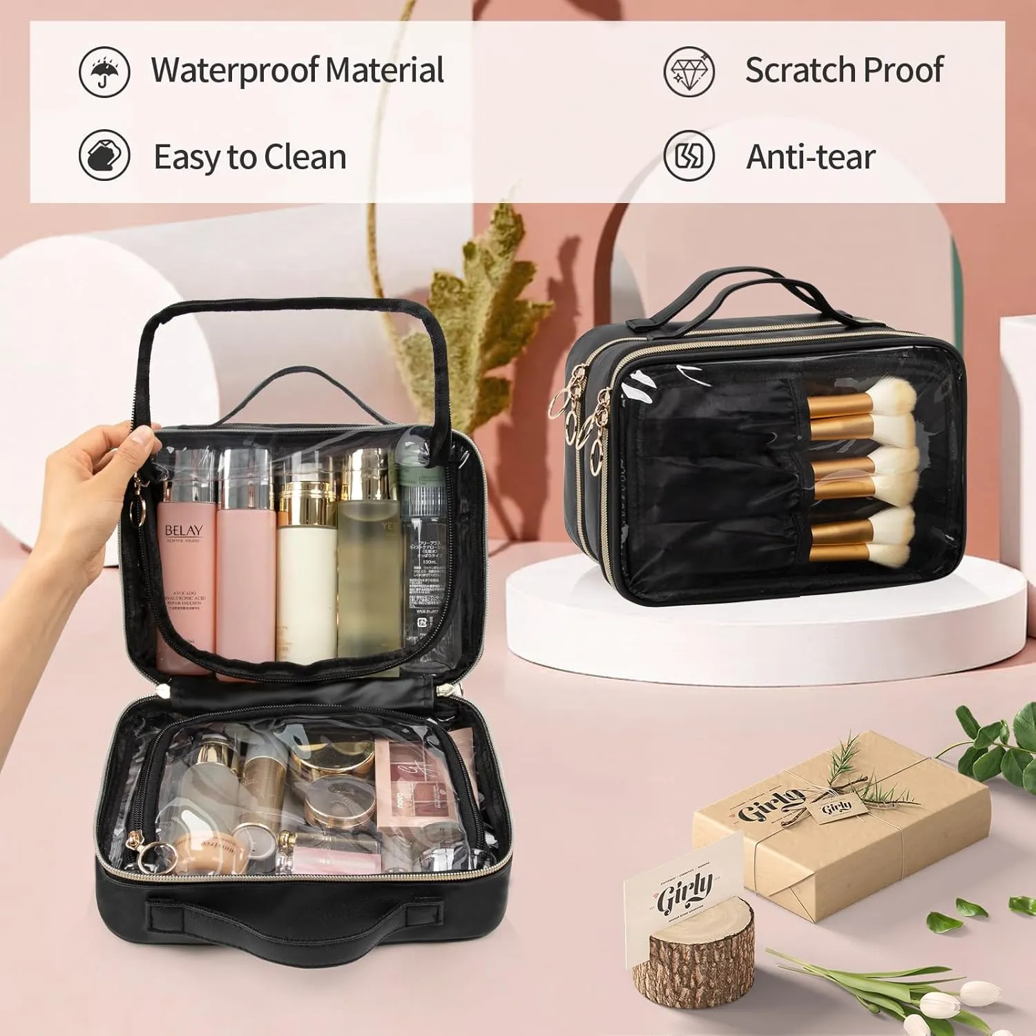 OCHEAL Makeup Bag, Double Layer Clear Make up Bag Organizer, Large Capacity Cosmetic Bag for Women Travel Beauty Essentials,Multiple Compartments Makeup Case Zipper Pouch -Clear