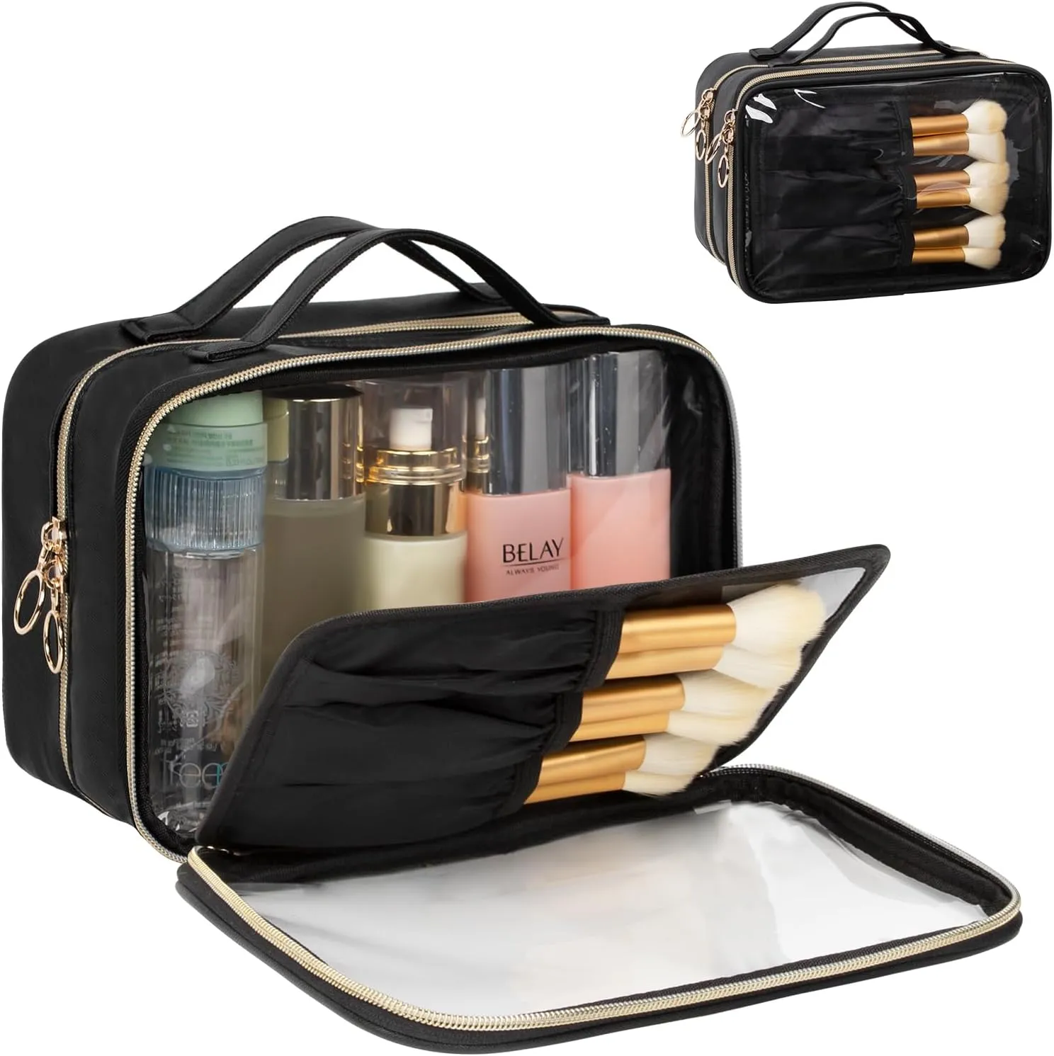 OCHEAL Makeup Bag, Double Layer Clear Make up Bag Organizer, Large Capacity Cosmetic Bag for Women Travel Beauty Essentials,Multiple Compartments Makeup Case Zipper Pouch -Clear