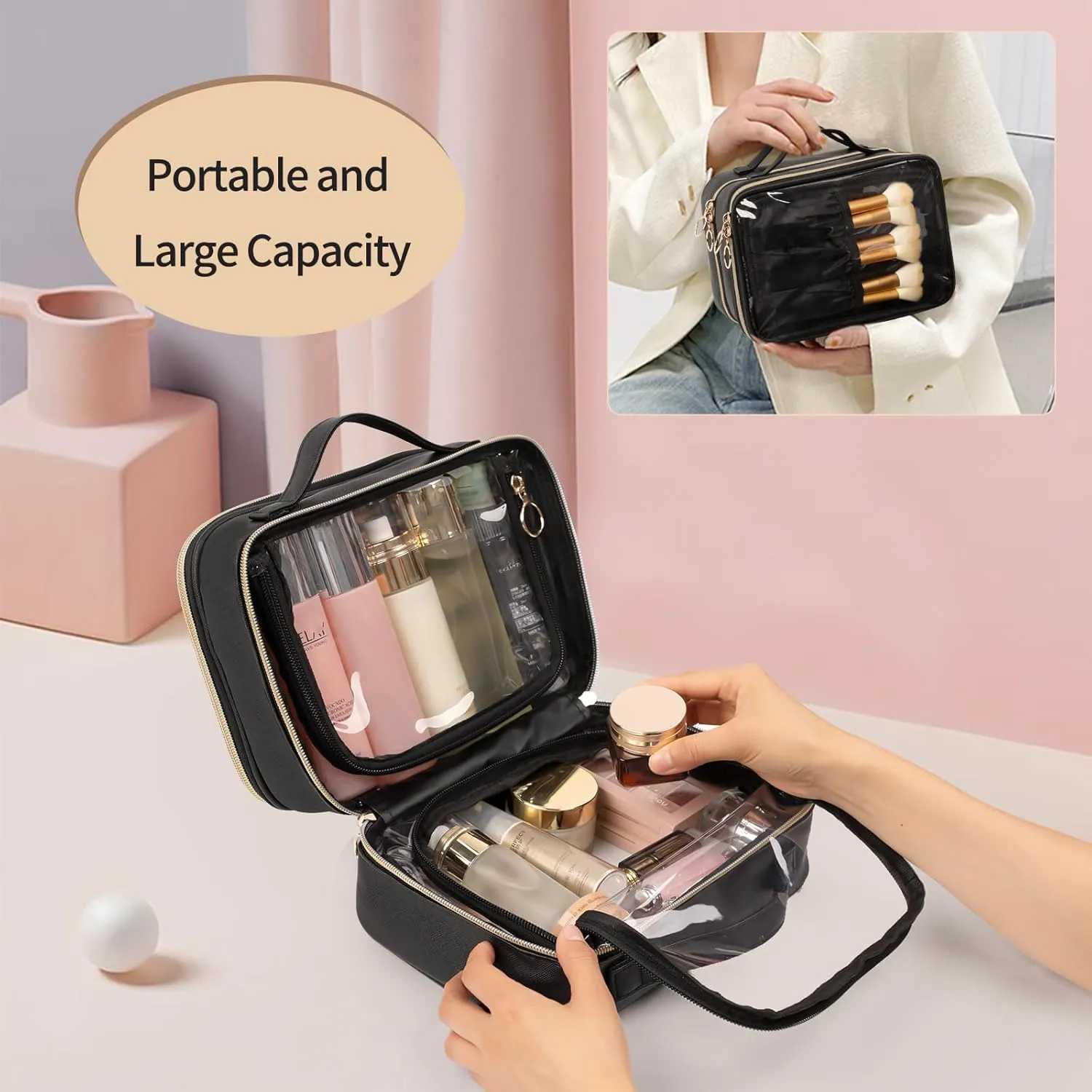 OCHEAL Makeup Bag, Double Layer Clear Make up Bag Organizer, Large Capacity Cosmetic Bag for Women Travel Beauty Essentials,Multiple Compartments Makeup Case Zipper Pouch -Clear