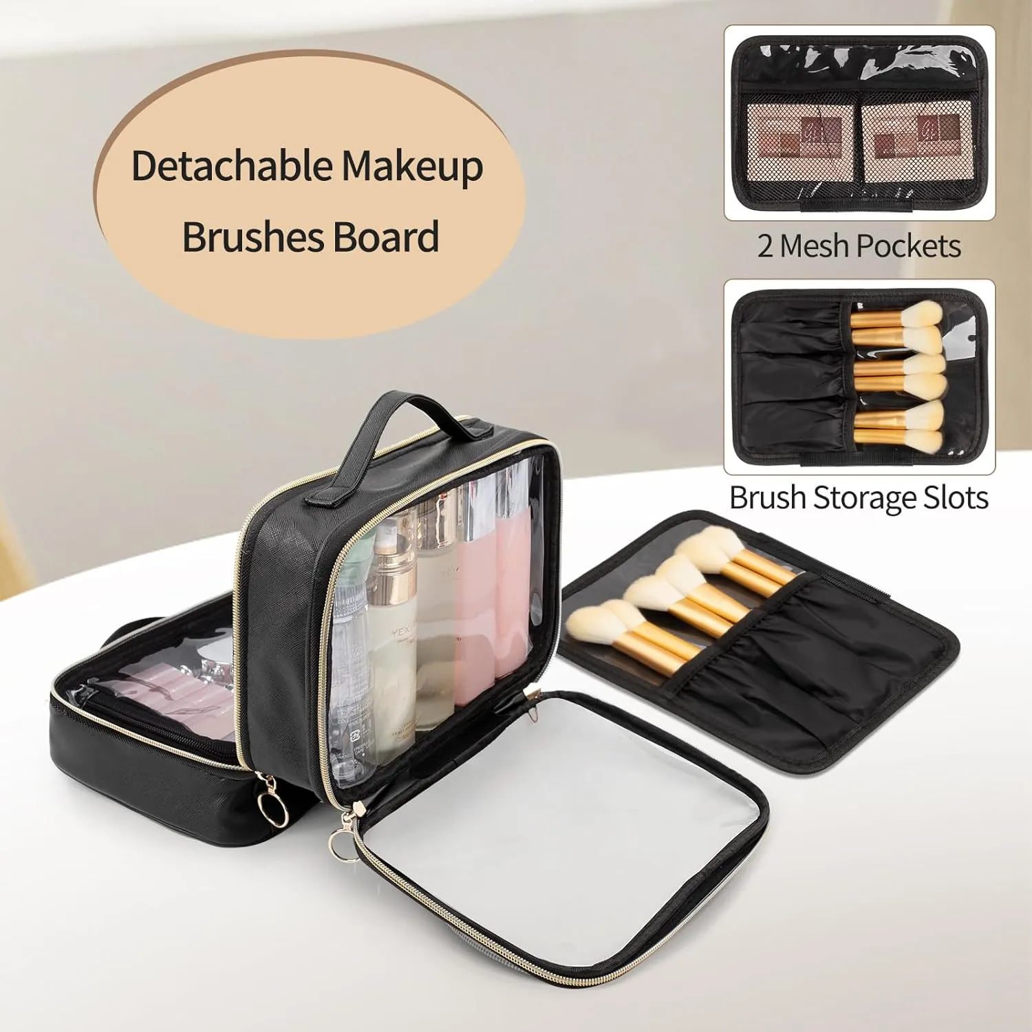 OCHEAL Makeup Bag, Double Layer Clear Make up Bag Organizer, Large Capacity Cosmetic Bag for Women Travel Beauty Essentials,Multiple Compartments Makeup Case Zipper Pouch -Clear