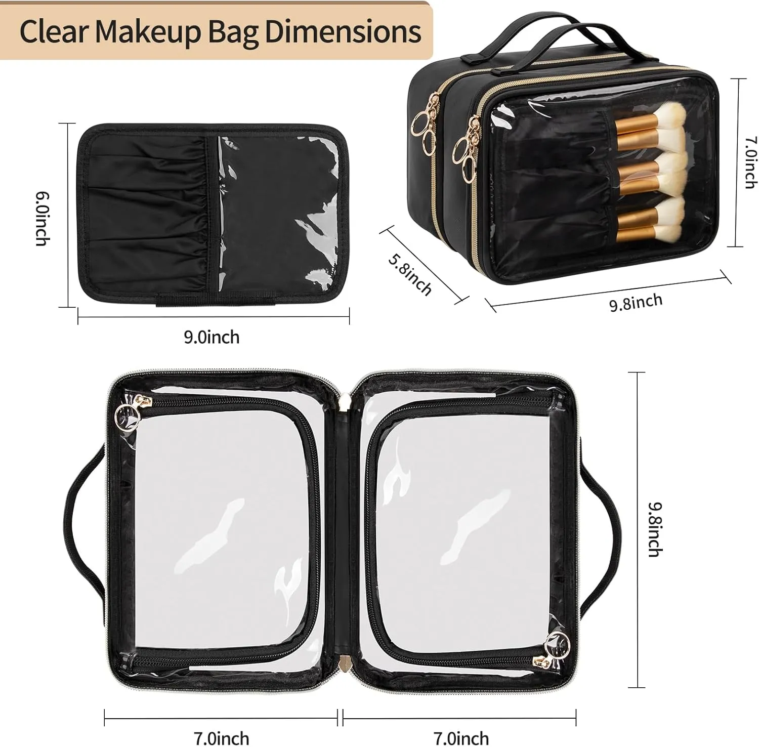 OCHEAL Makeup Bag, Double Layer Clear Make up Bag Organizer, Large Capacity Cosmetic Bag for Women Travel Beauty Essentials,Multiple Compartments Makeup Case Zipper Pouch -Clear