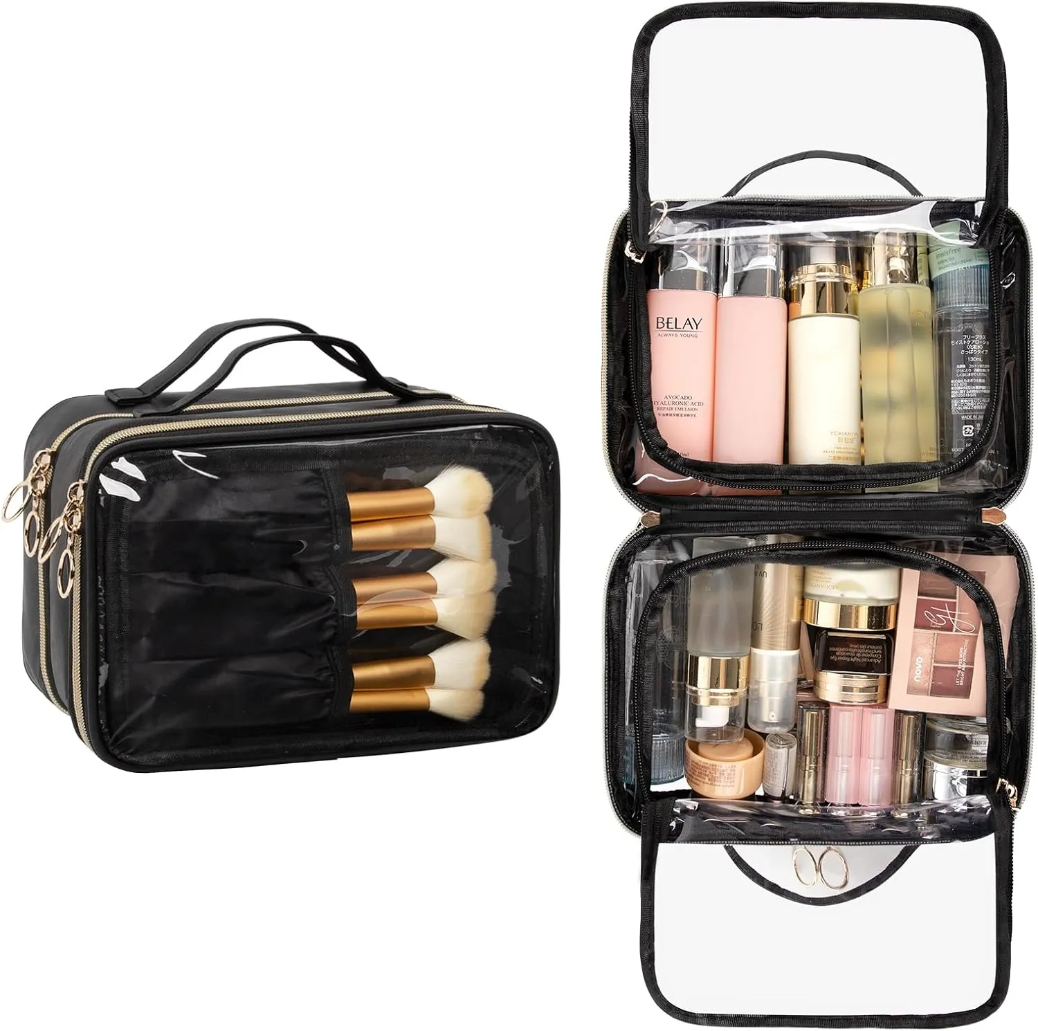 OCHEAL Makeup Bag, Double Layer Clear Make up Bag Organizer, Large Capacity Cosmetic Bag for Women Travel Beauty Essentials,Multiple Compartments Makeup Case Zipper Pouch -Clear