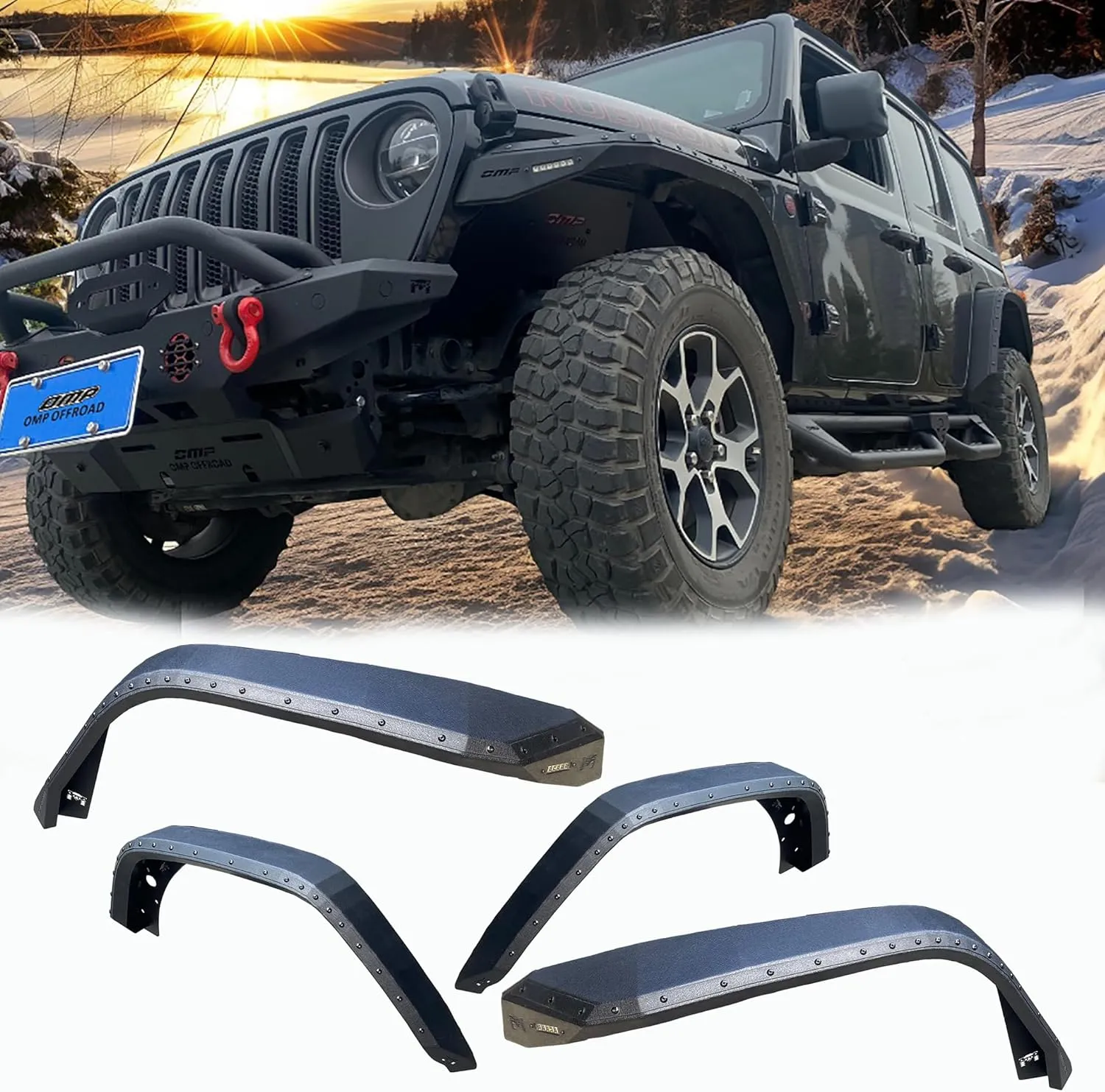 OMP Offroad Steel Fender Flares Compatible for Jeep Wrangler (JL/JLU 2018-2025) | Desert Viper Blade Design –No-Drill Bolt-On | Crawling Moab Rocks (9" No Inner Liners)