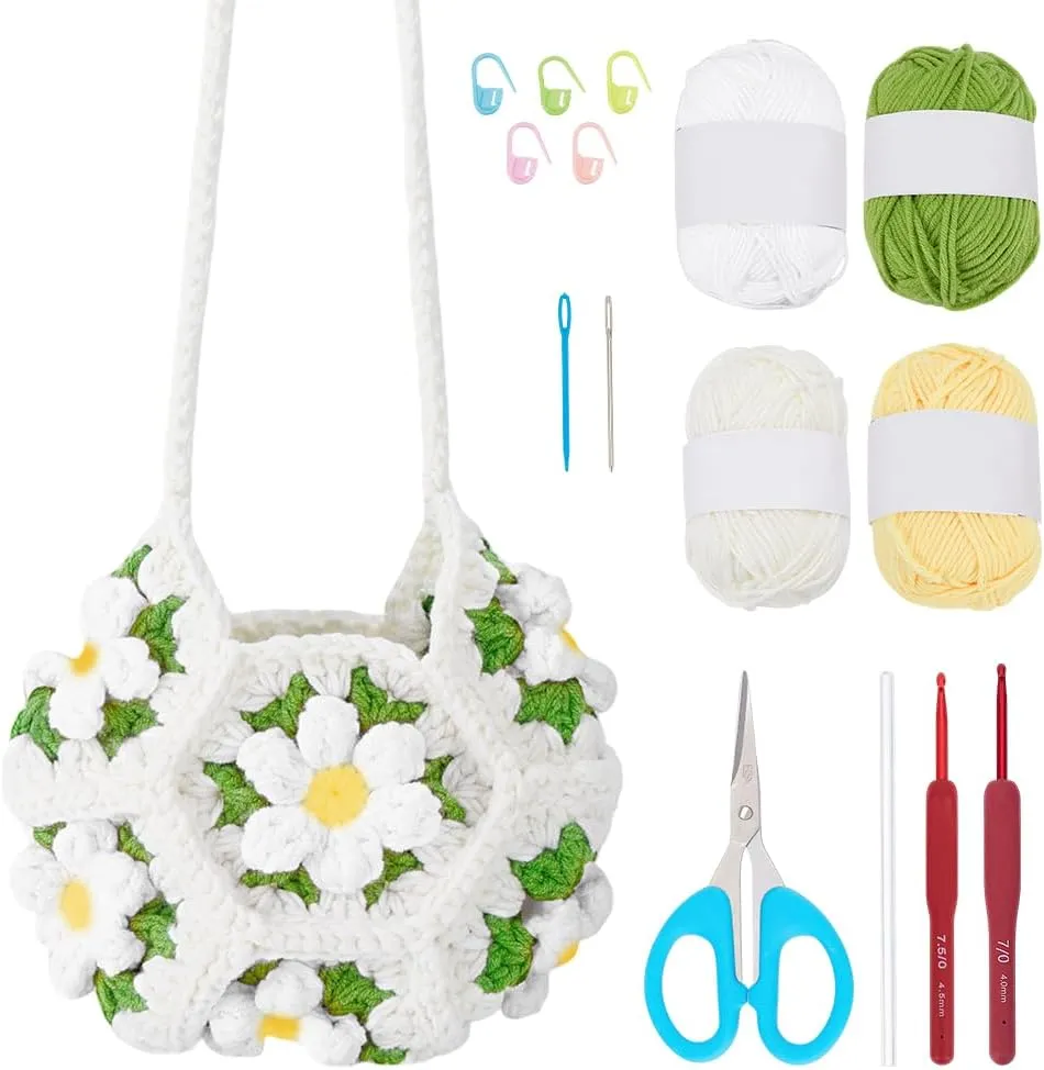 ORIGACH Crochet Bag Kit for Beginners Adults, Flower Granny Square Bag kit Easy Crochet Puff Shoulder Bag Set with Step by Step Video Tutorial, Instruction, Yarn, Hook, Accessories