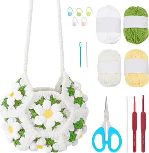 ORIGACH Crochet Bag Kit for Beginners Adults, Flower Granny Square Bag kit Easy Crochet Puff Shoulder Bag Set with Step by Step Video Tutorial, Instruction, Yarn, Hook, Accessories
