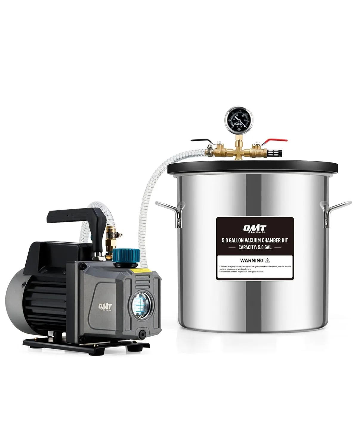 Orion Motor Tech 5 Gal Vacuum Chamber with Pump Kit, 3.5 cfm Vacuum Pump and Chamber Kit with Tempered Glass Lid 5 ft Hose, Vacuum Degassing Chamber Kit for Stabilizing Wood Degassing Silicone Resin