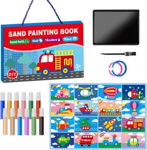 OTAOD 32 Pcs Sand Art Kits for Kids, 16 Color Art Sand kit Scenic Sand with 16 Sheets Vehicle Sand Art Painting Cards, DIY Crafts Set for Girls and Boys, Arts and Crafts for Kids Ages 6-12