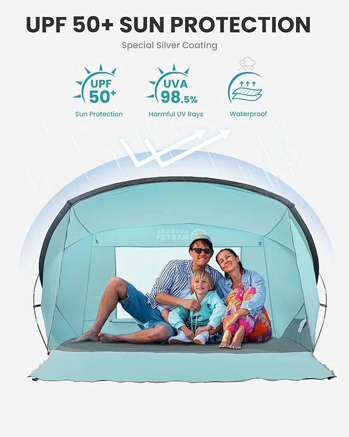 OutdoorMaster Beach Tent for 3-4 Person - Easy Setup and Portable Beach Shade Sun Shelter Canopy with UPF 50  UV Protection Removable Skylight Family Size