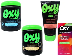 Oxy Acne Care Kit: Maximum Strength Cream Cleanser, 3-in-1 Acne Cleansing Pads, Deep Pore Cleansing Pads, Rapid Spot Treatment for Face