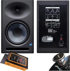 Pair of PreSonus Eris E8 XT 8 inch Powered Studio Monitor 8" with Woven Composite LF Driver, 1.25" Silk-Dome HF Driver, EBM Waveguide with Gravity Magnet Phone Holder Bundle