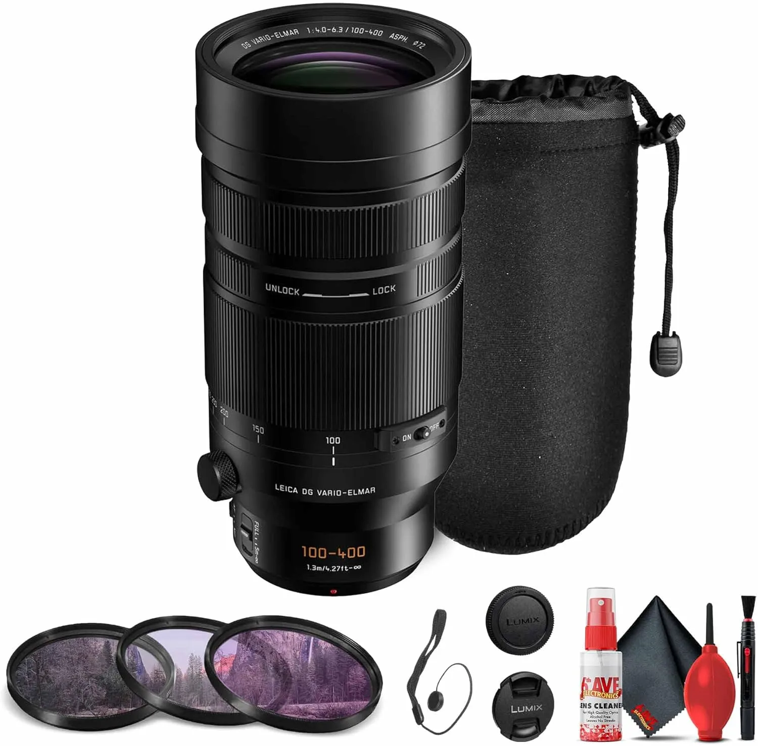 Panasonic Leica DG Vario-Elmar 100-400mm f/4-6.3 Power Lens (H-RSA100400) Bundle Including: 3-Piece Filter Kit, Lens Pouch, Lens Caps, Lens Cap Keeper, Full Cleaning Kit