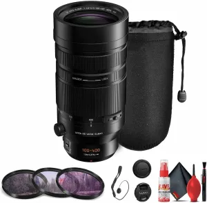 Panasonic Leica DG Vario-Elmar 100-400mm f/4-6.3 Power Lens (H-RSA100400) Bundle Including: 3-Piece Filter Kit, Lens Pouch, Lens Caps, Lens Cap Keeper, Full Cleaning Kit
