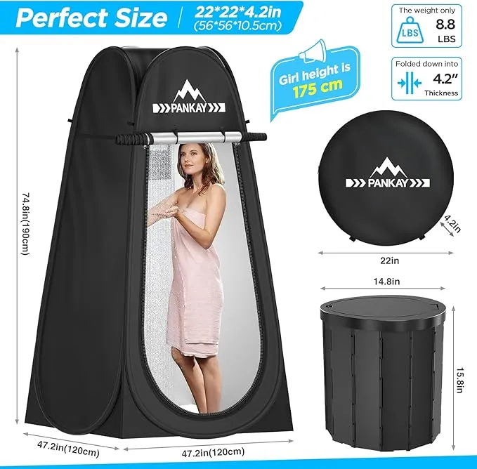 Pankay Camping Toilet with Pop up Privacy Tent, X Large Portable Toilet Potty for Adults, Outdoor Camping Shower Tents Changing Room, Instant Pop Up, Washable Foldable Camp Toilet Kit with Carry Bag