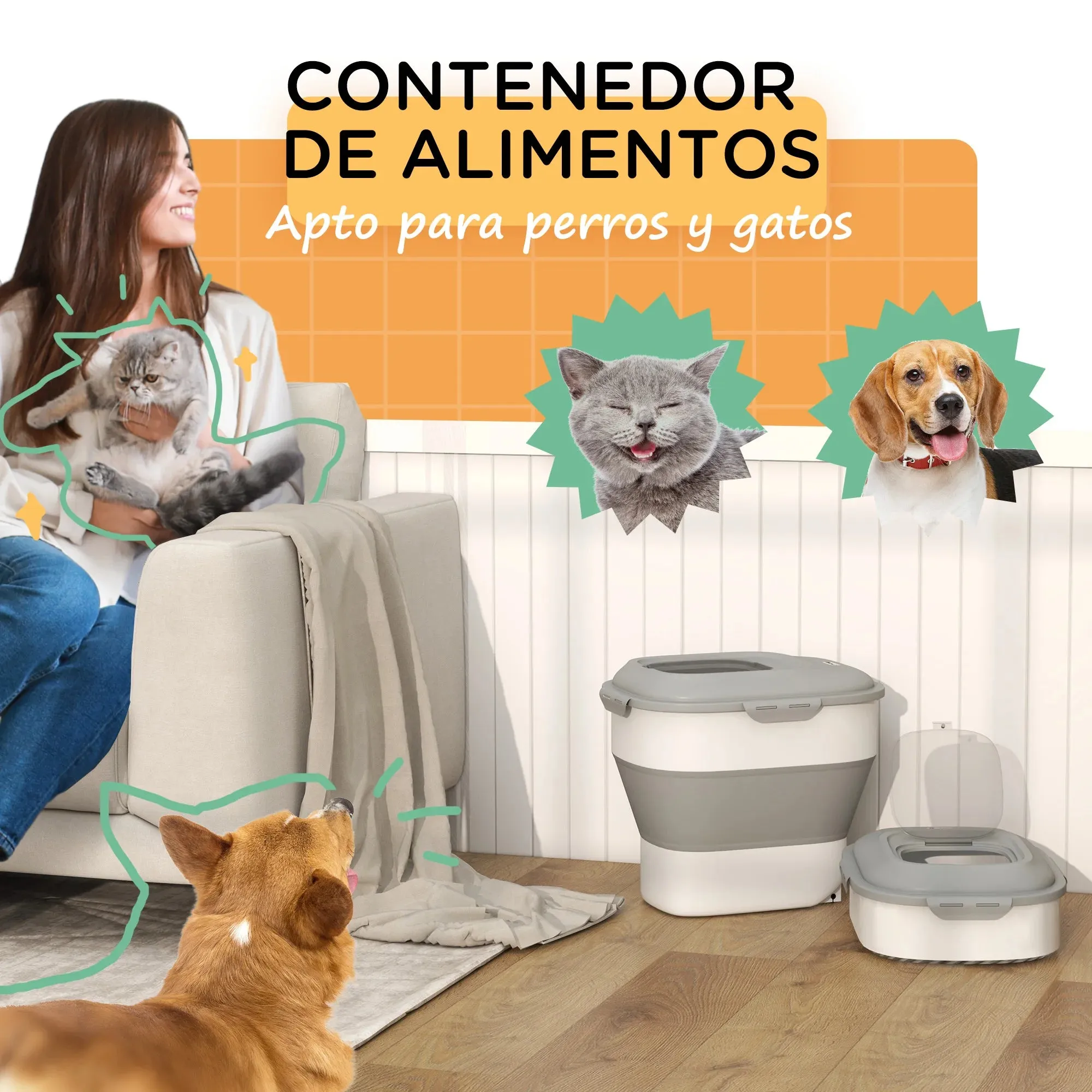 PawHut folding 25L feed container with Cup Measuring Folding Bowl