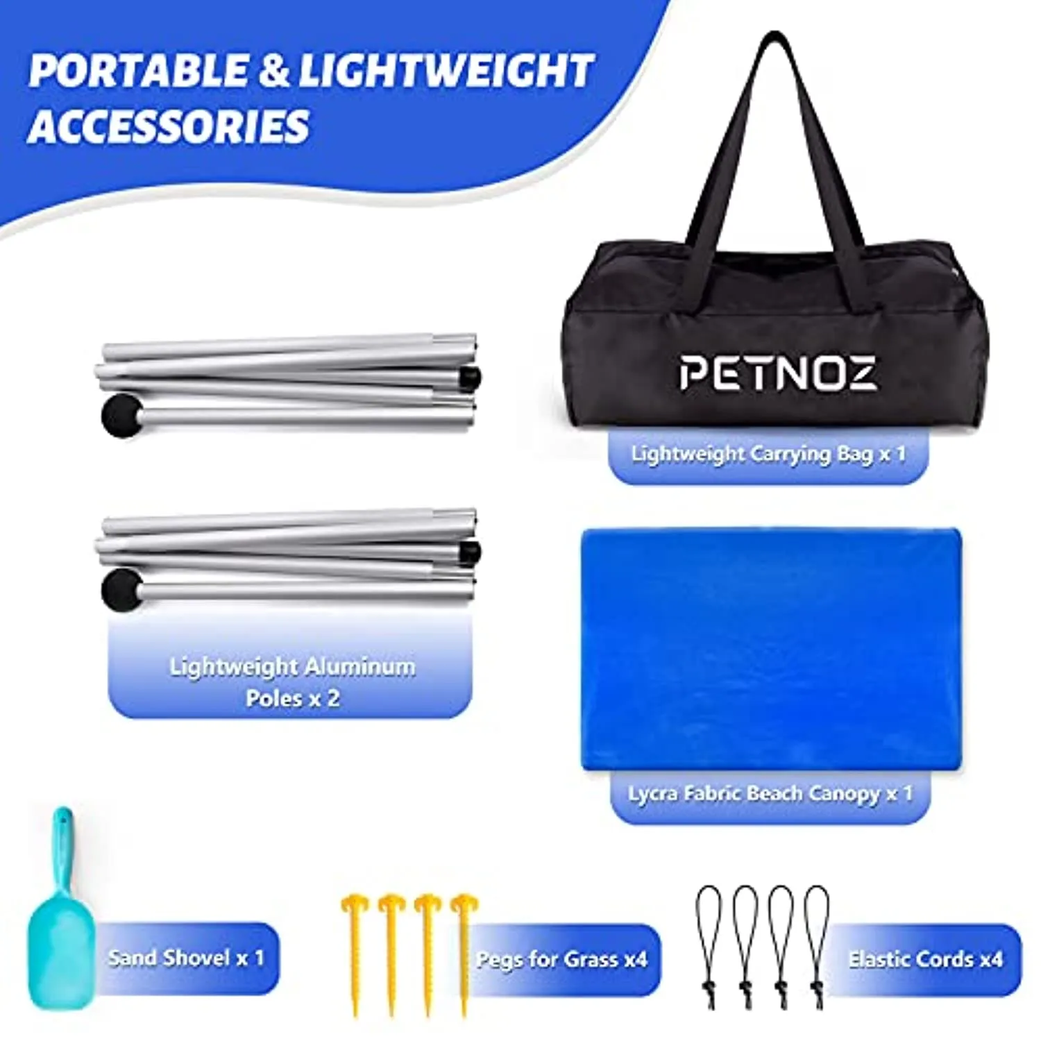 PETNOZ Beach Tent Canopy Sun Shade UPF50 , Easy Pop Up Anti-Wind Sun Shelter with Stability Poles/Carry Bag/Ground Pegs/Sand Shovel, Portable Sunshade for Beach Camping (Navy Blue, 7.5×7.5 FT 2 Pole)