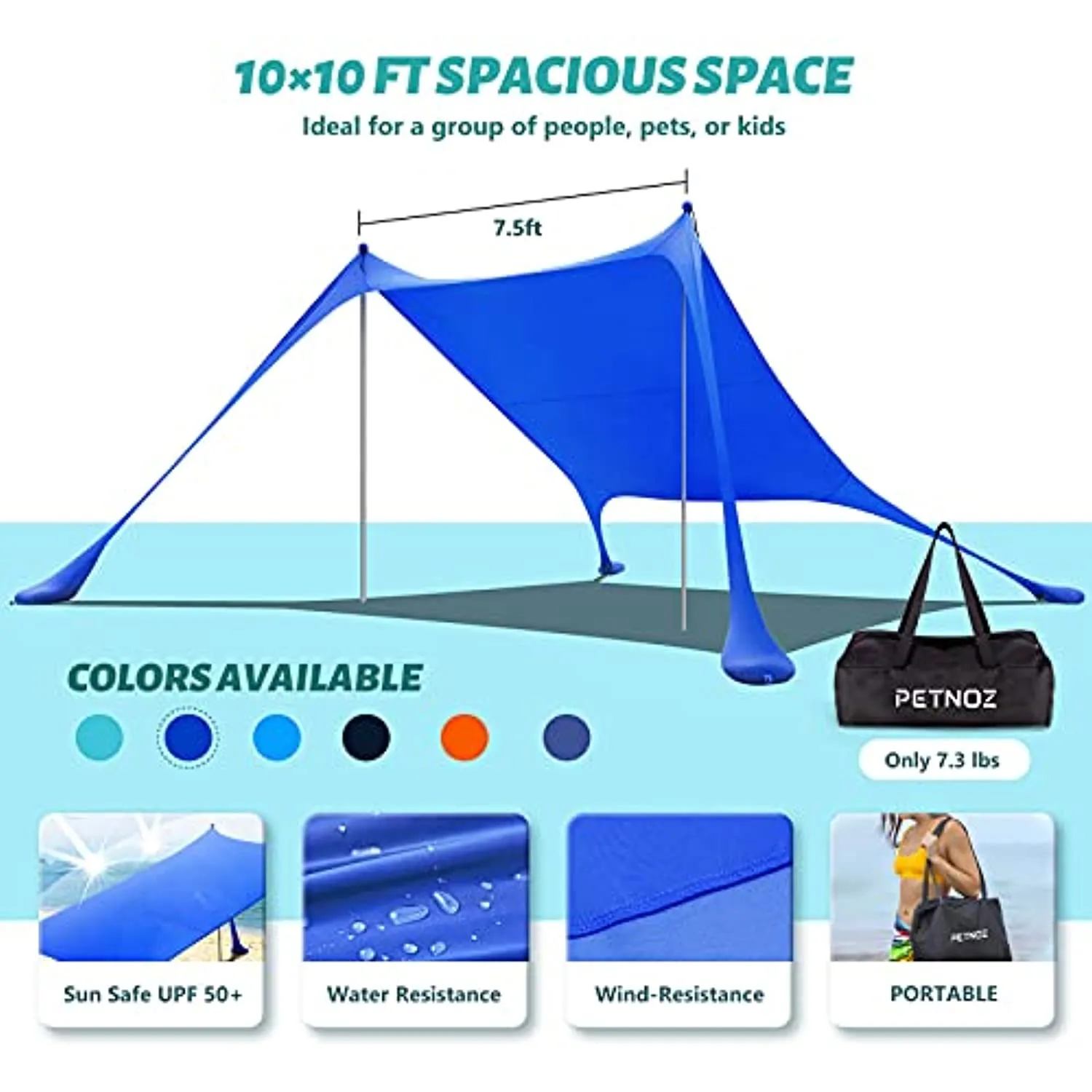 PETNOZ Beach Tent Canopy Sun Shade UPF50 , Easy Pop Up Anti-Wind Sun Shelter with Stability Poles/Carry Bag/Ground Pegs/Sand Shovel, Portable Sunshade for Beach Camping (Navy Blue, 7.5×7.5 FT 2 Pole)