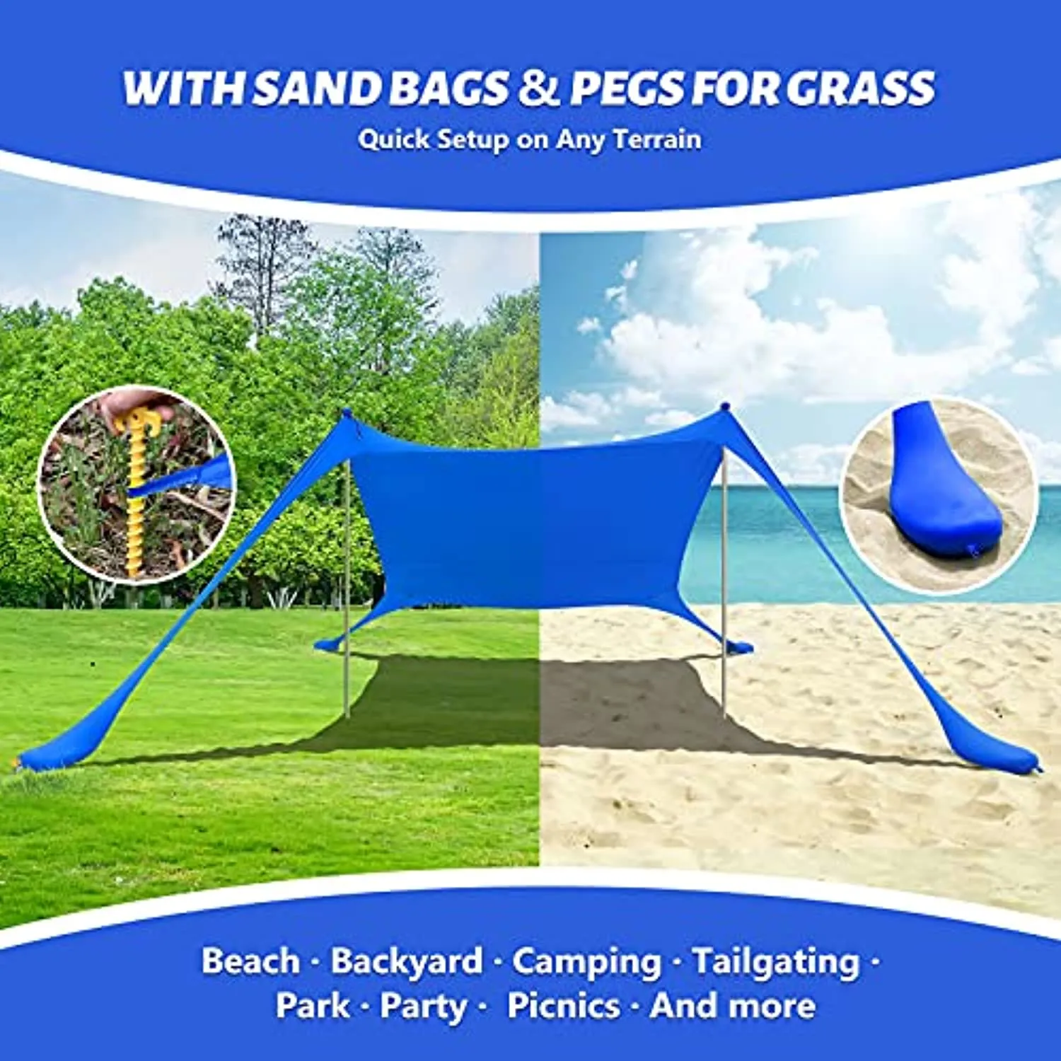 PETNOZ Beach Tent Canopy Sun Shade UPF50 , Easy Pop Up Anti-Wind Sun Shelter with Stability Poles/Carry Bag/Ground Pegs/Sand Shovel, Portable Sunshade for Beach Camping (Navy Blue, 7.5×7.5 FT 2 Pole)
