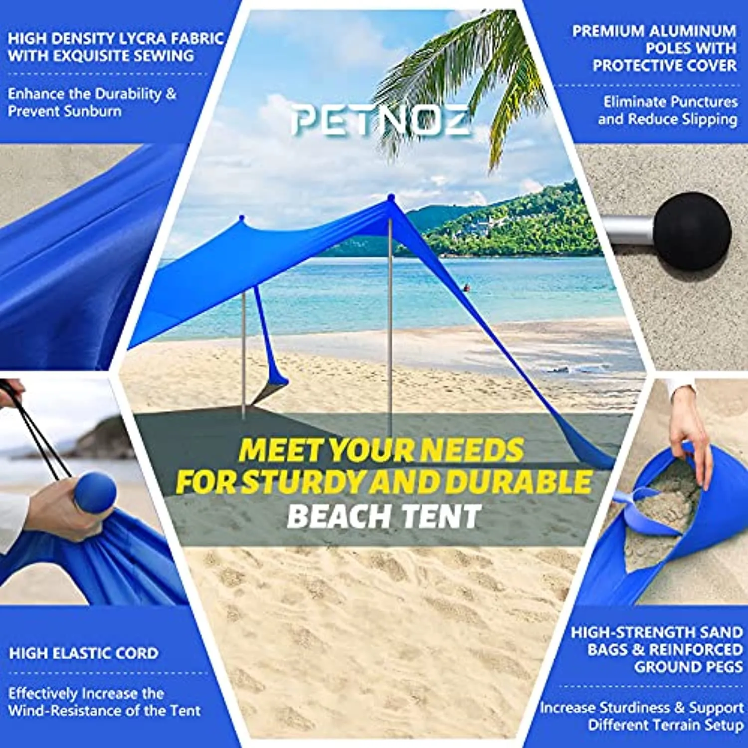 PETNOZ Beach Tent Canopy Sun Shade UPF50 , Easy Pop Up Anti-Wind Sun Shelter with Stability Poles/Carry Bag/Ground Pegs/Sand Shovel, Portable Sunshade for Beach Camping (Navy Blue, 7.5×7.5 FT 2 Pole)