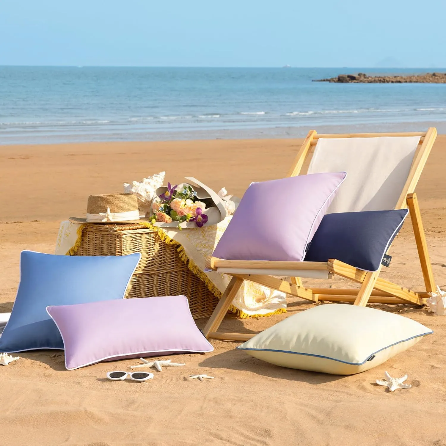 Phantoscope Pack of 2 Outdoor Waterproof Throw Pillow Covers with Contrast Piping, Decorative Square Cushion Case Patio Pillows for Couch Tent Sunbrella, Light Beige 20x20 inches